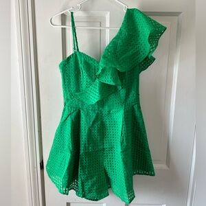 Main Strip Green One-Shoulder Ruffle Romper